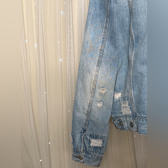 Free People Plaid Lined Denim Sherpa Collar Trucker Oversized Jacket *Flawed - Picture 8 of 9